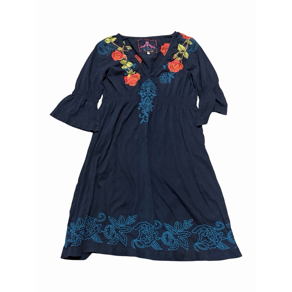 Johnny Was Womens L Check Embroidered Floral Tunic Dress Cotton Black Boho